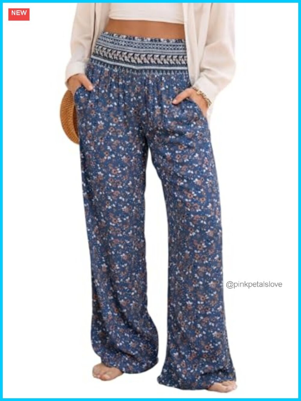 Women's Boho Floral Wide Leg Palazzo Pants Smocked High Waist with Pockets